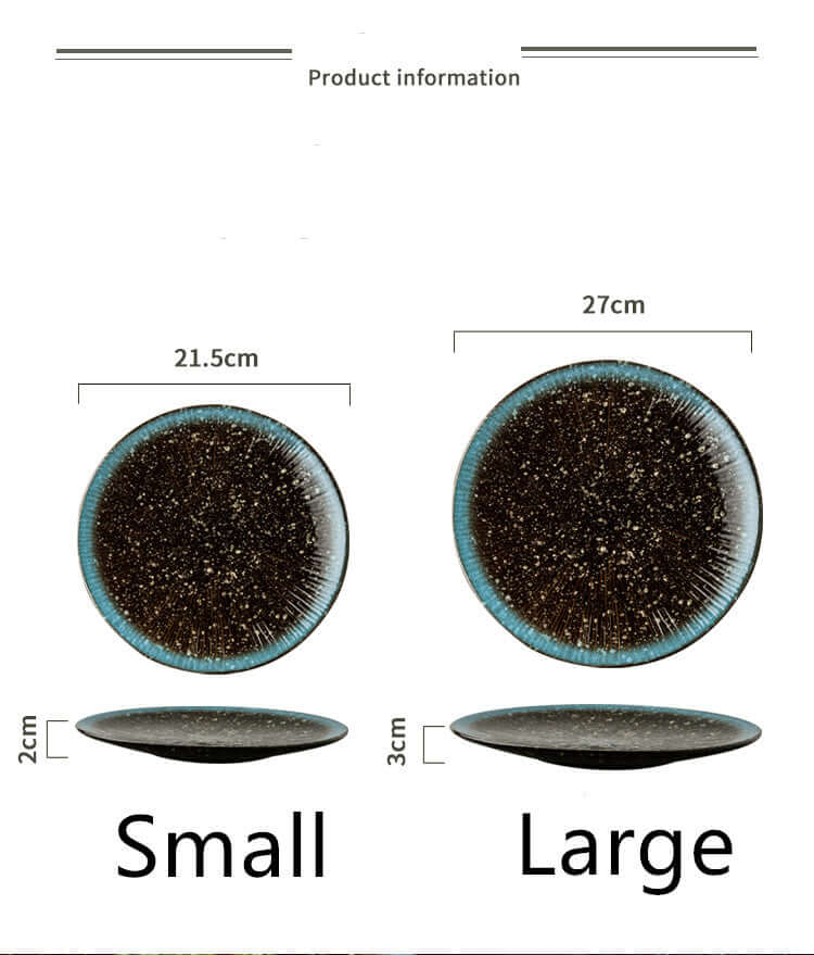 Dimensions of Japanese ceramic plates: Small 21.5cm, Large 27cm. Perfect for microwave omelette casseroles.