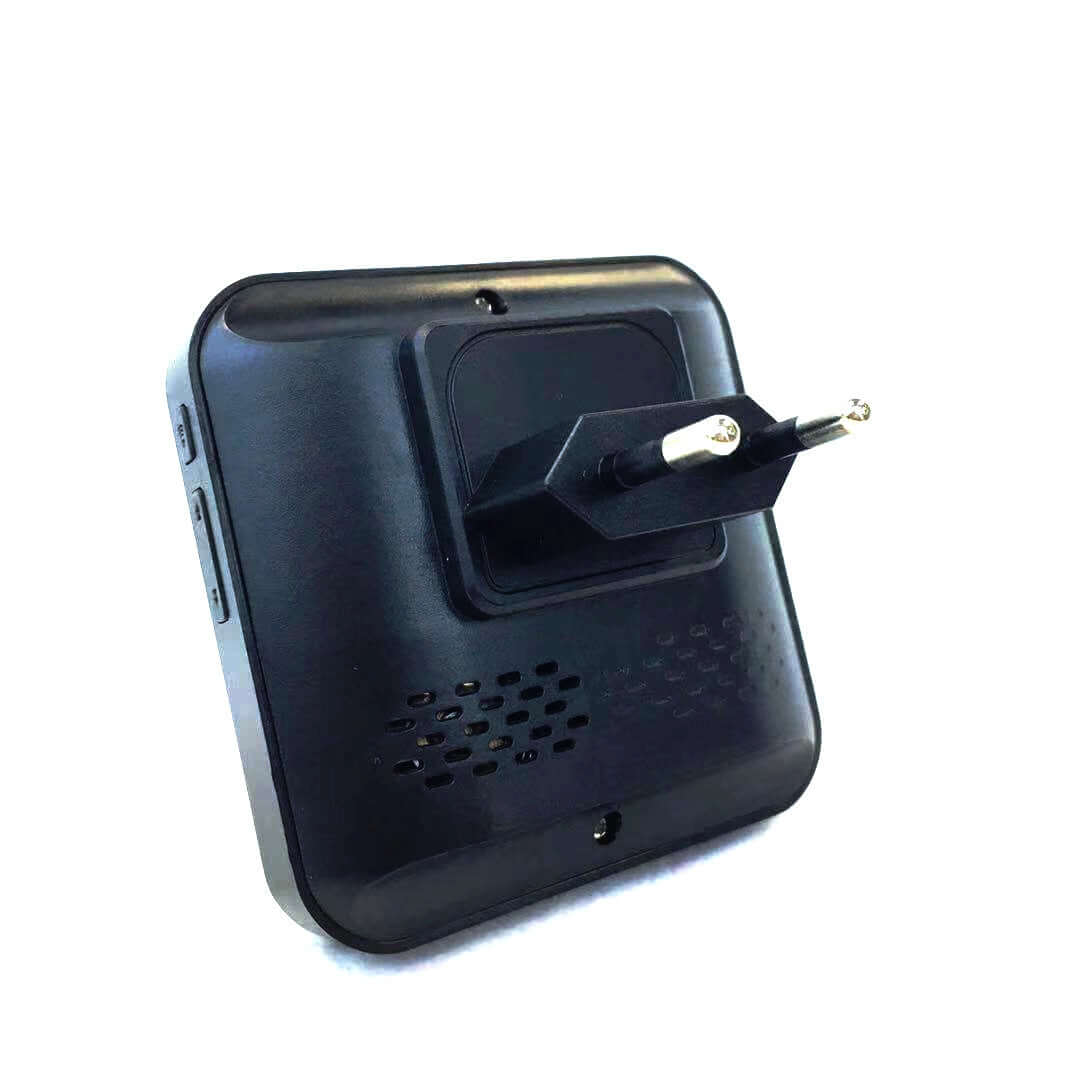 Back view of a black wireless video doorbell with plug for easy installation and connectivity.