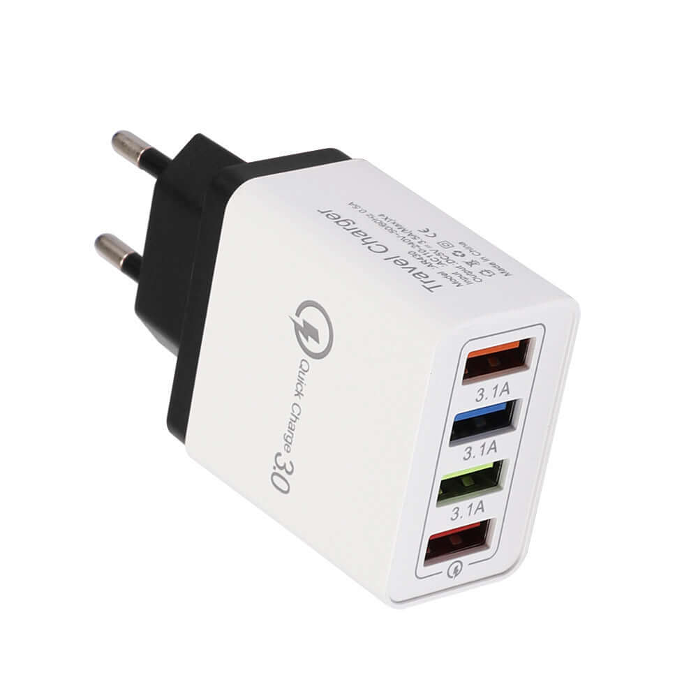 USB charger with four ports, featuring Quick Charge 3.0, designed for fast charging multiple devices simultaneously.