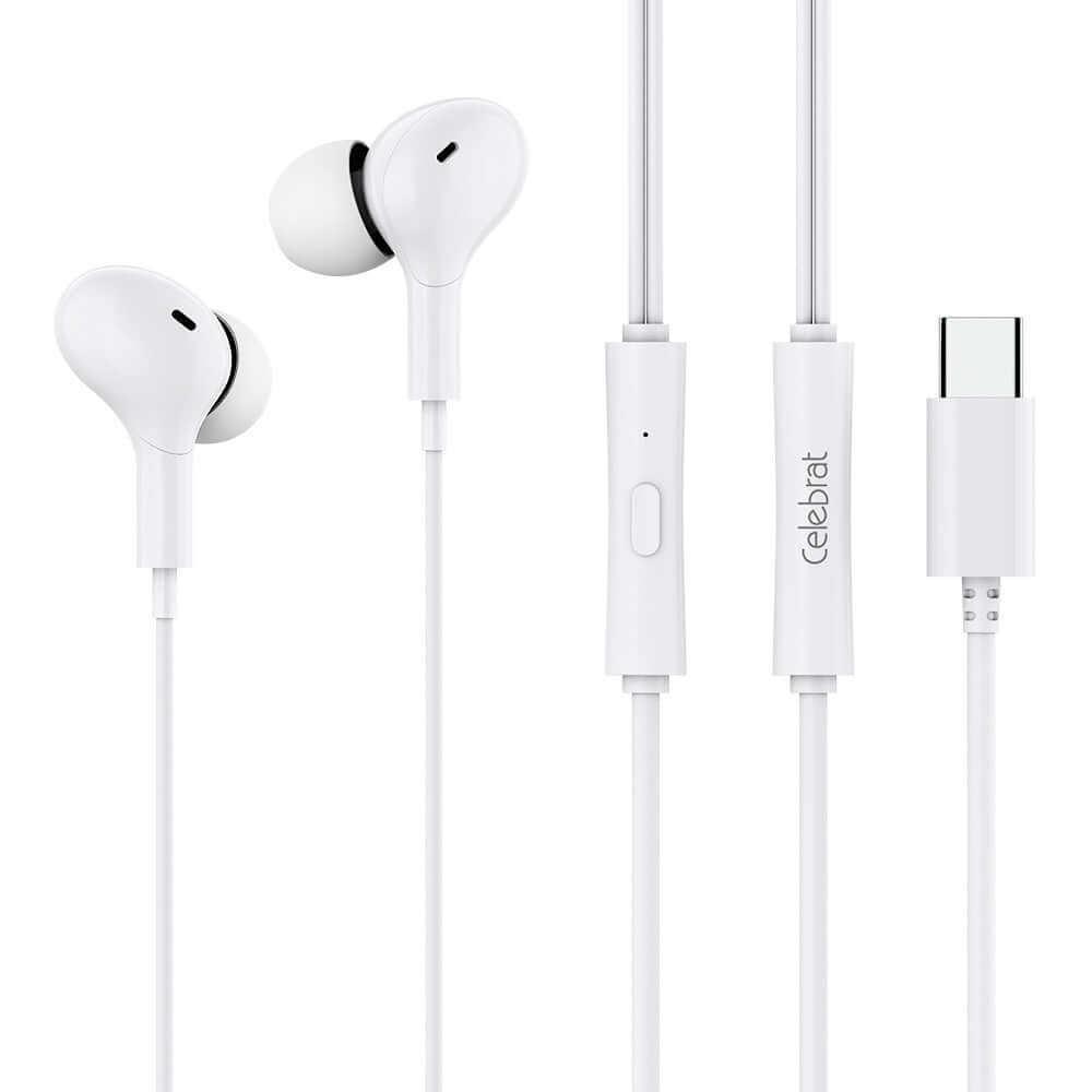 Celebrat in-ear headphones in white with Type-C connector and inline control, 1.2m long, compatible with various devices.