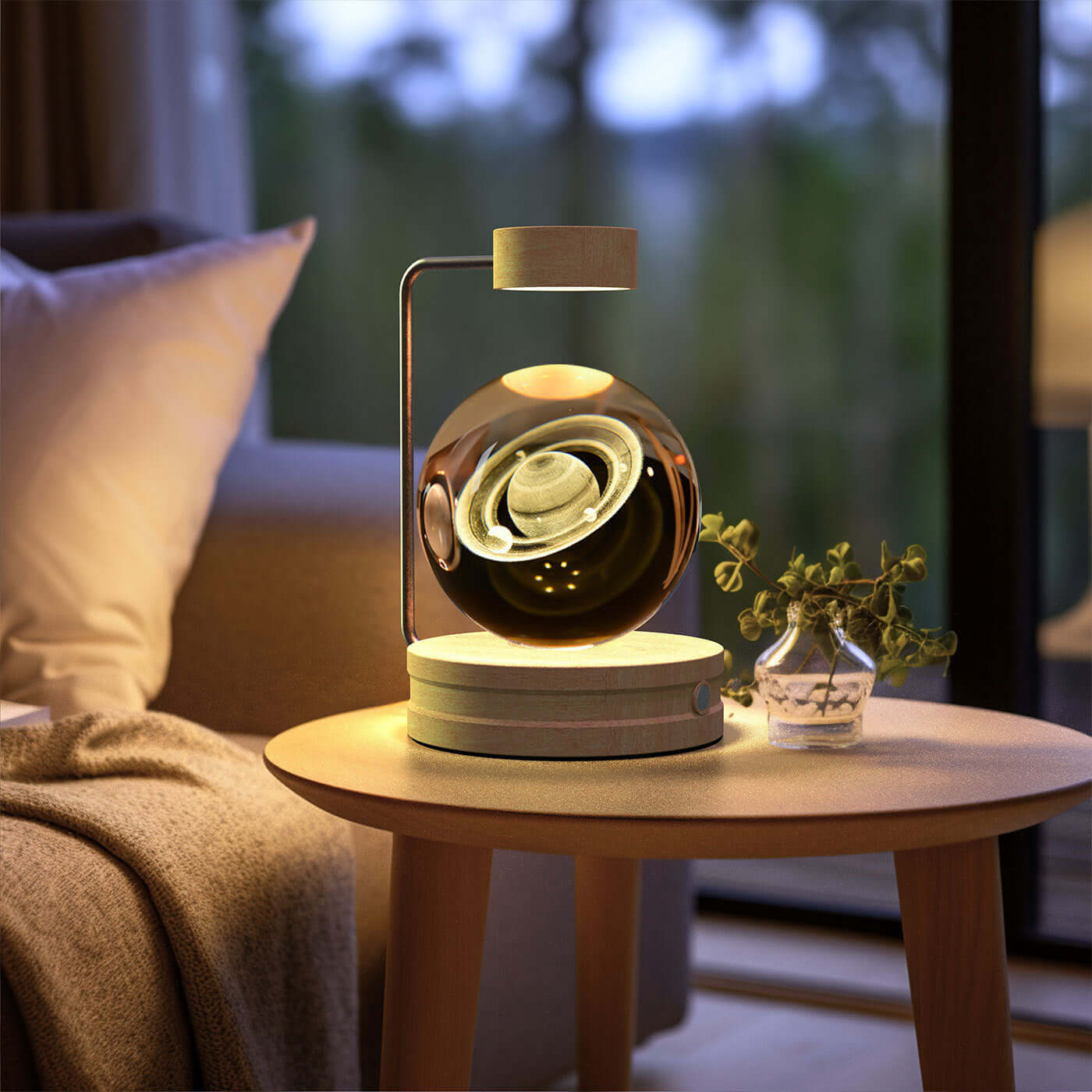 Cozy indoor scene featuring a cosmic dinosaur night lamp on a wooden table, providing warm lighting in a stylish home setting.