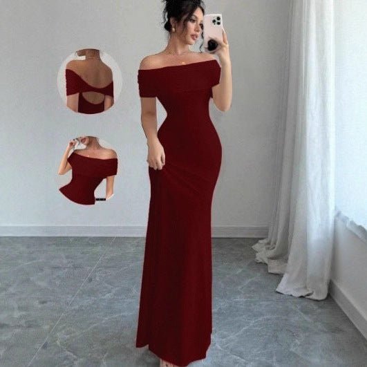Womens Solid-Colored Sleeveless Off-Shoulder Fashionable Sheath Dress - DBMP Shop