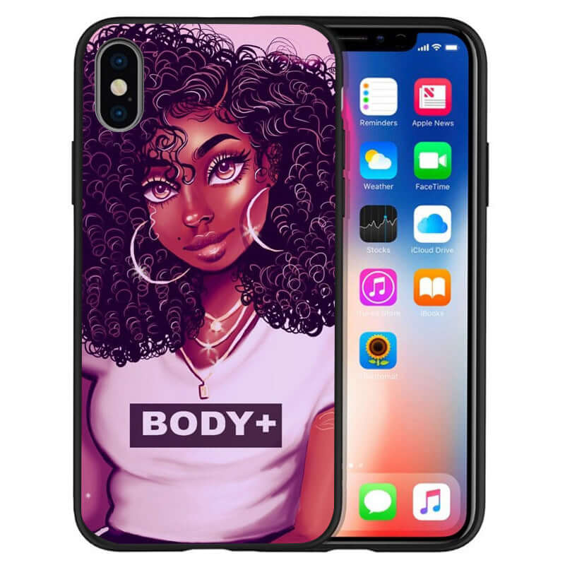 Stylish phone case featuring a girl with curly hair and 'BODY+' graphic, compatible with various smartphone models.