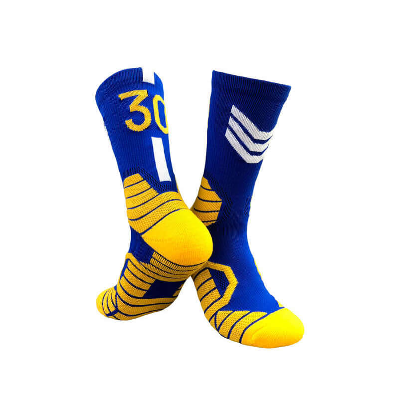 Superstar basketball socks in blue and yellow, designed for professional sports performance and comfort.