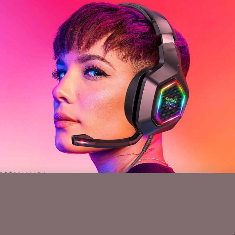 Gaming headset with microphone, vibrant RGB lights, and a stylish head-mounted design for immersive gaming experience.