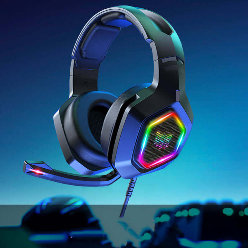 RGB lighting gaming headset with microphone and comfortable ear cups for immersive sound quality.