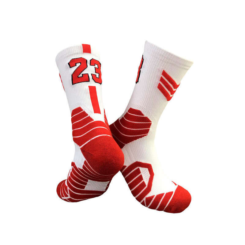 Superstar basketball socks in red and white with number 23, designed for professional sports and optimal performance.