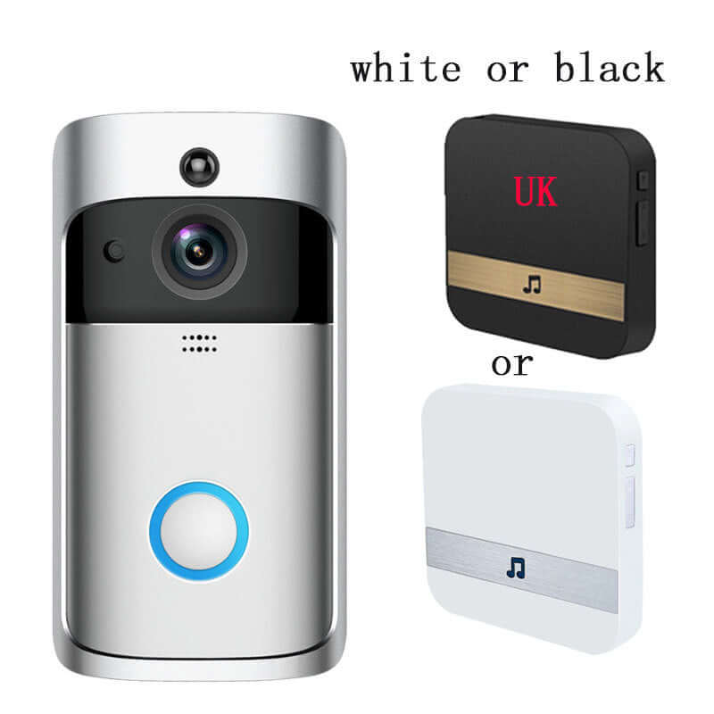 Smart wireless video doorbell in silver, with options for black and white chime units.
