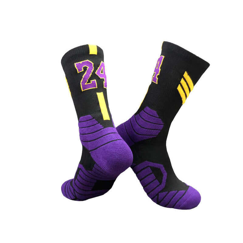 Black and purple Superstar basketball socks featuring number 24, designed for performance and comfort in sports.