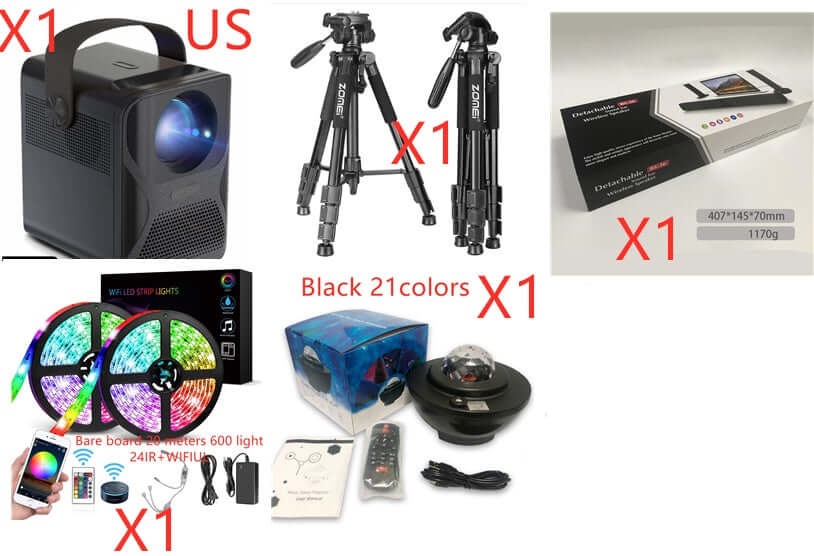 Image displaying a projector, tripods, LED lights, and accessories for versatile multimedia setups.