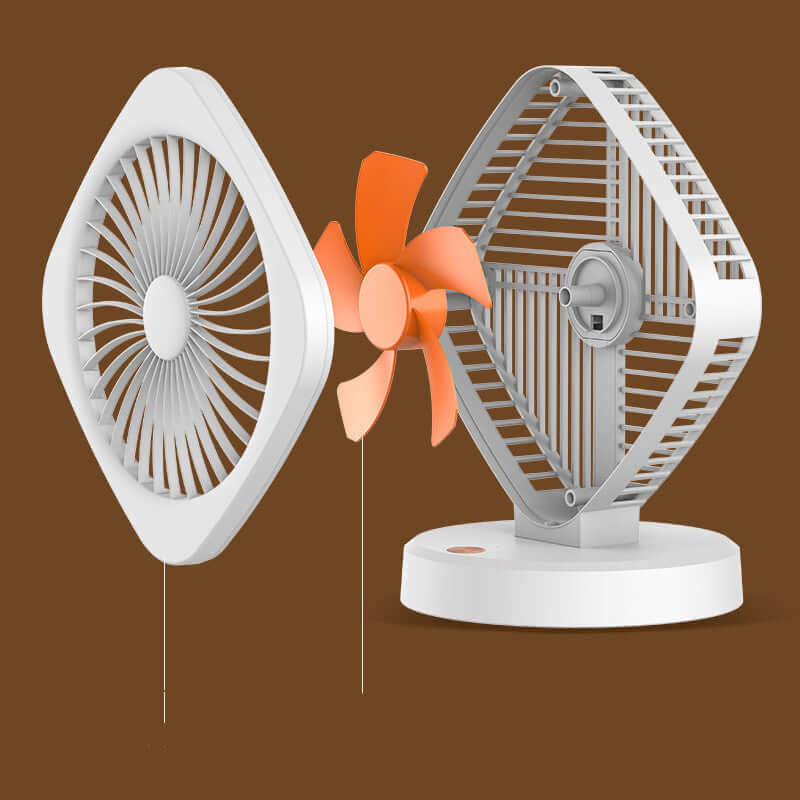 USB desk fan in orange and white with a sleek design, featuring versatile spray coating finishes, 26.5x22cm size.