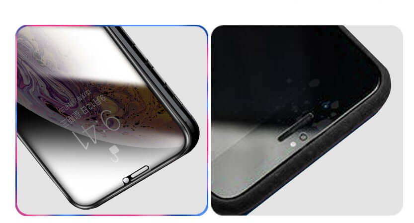 Tempered glass screen protector for iPhone with anti-scratch and anti-spy features, showing close-up view of edges.