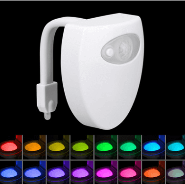 Toilet induction LED night light with motion sensor, available in multiple colors, battery-powered design.