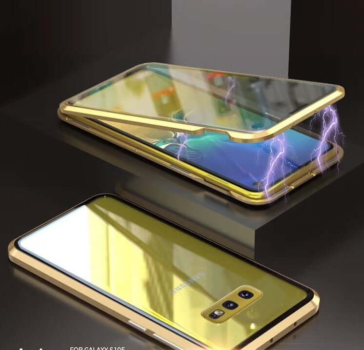Samsung S10+ double-sided glass case with metal frame, showcasing a sleek design and protective functionality.