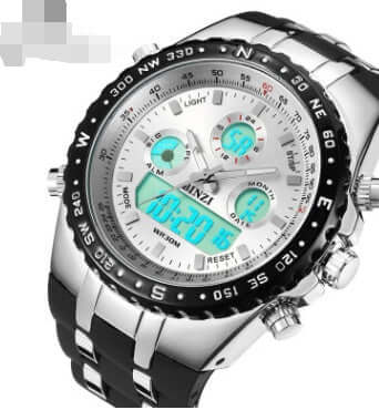 BINZI digital wristwatch with LED display, water resistance, and sporty design, featuring a silicone band and metal case.