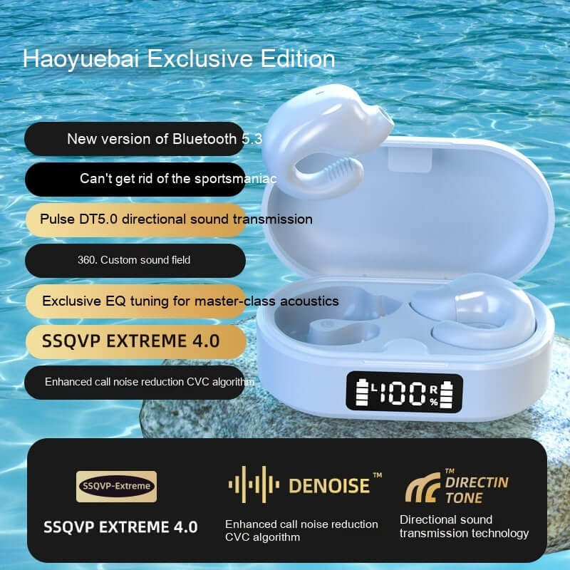 Haoyuebai SSQVP Extreme 4.0 Bluetooth 5.3 earphones with charging case, featuring directional sound and noise reduction.