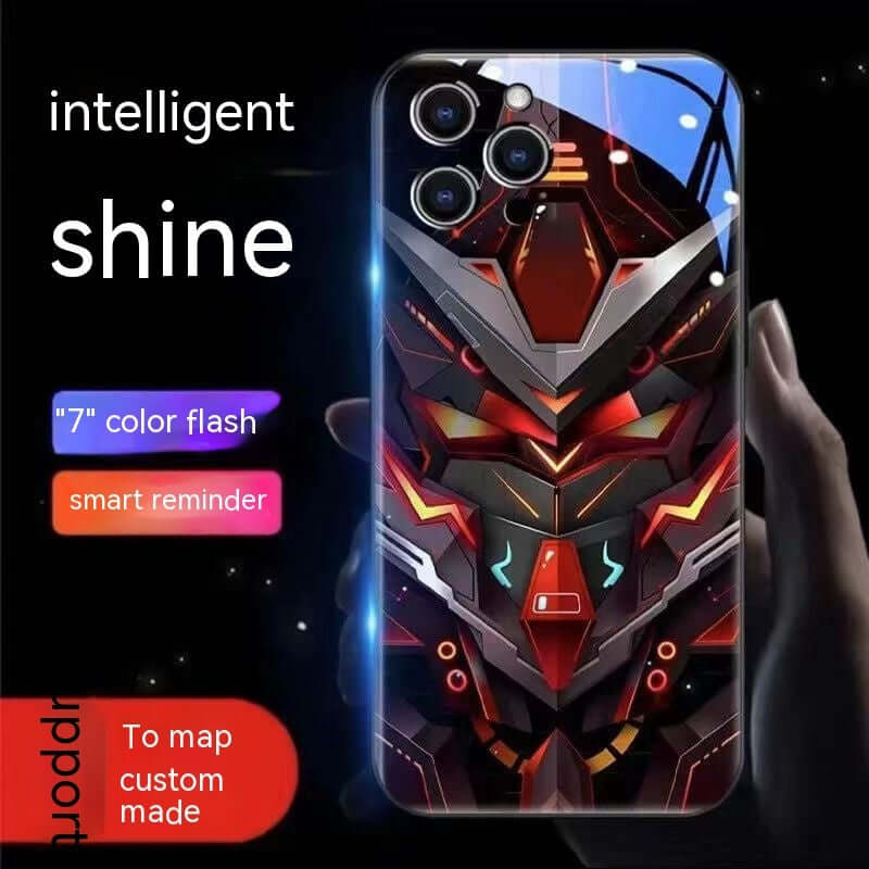 Colorful cartoon-style phone case with light-emitting mech design for Apple devices, anti-fingerprint glass material.