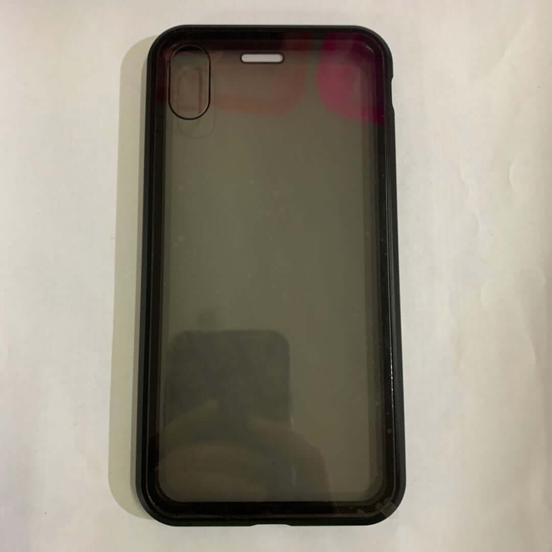 Anti-peep magnetic phone case with a sleek design, compatible with iPhone models, showcasing tempered glass and metal frame.