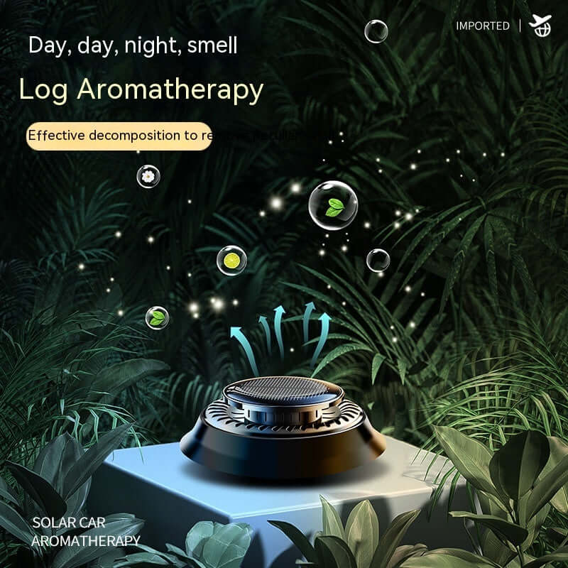 Portable solar car air freshener emitting aromatherapy in a lush green environment, promoting effective odor decomposition.