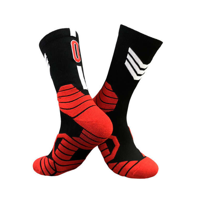 Superstar basketball socks in black and red, featuring a striking design for professional sports performance.