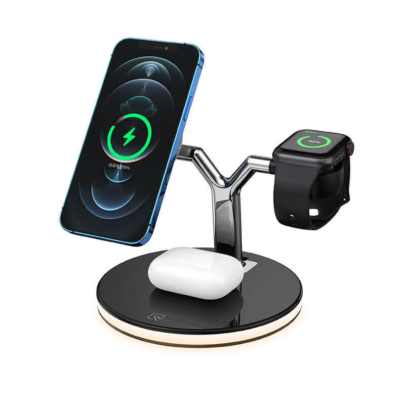 Three-in-one wireless charger with magnetic alignment for iPhone, AirPods, and Apple Watch, featuring a sleek design.