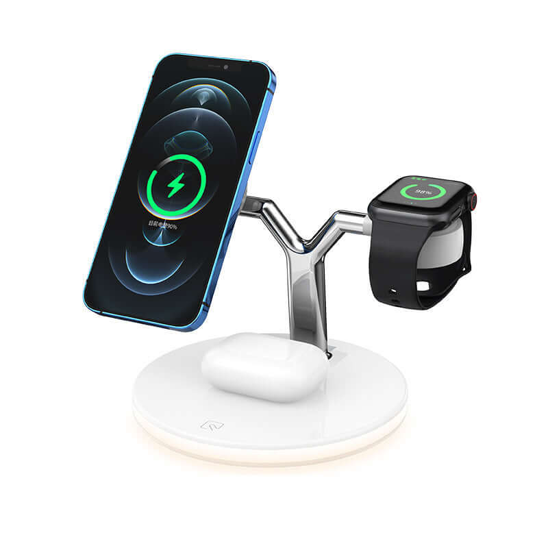 Three-in-one magnetic suction wireless charger for iPhone, AirPods, and Apple Watch with LED indicator.