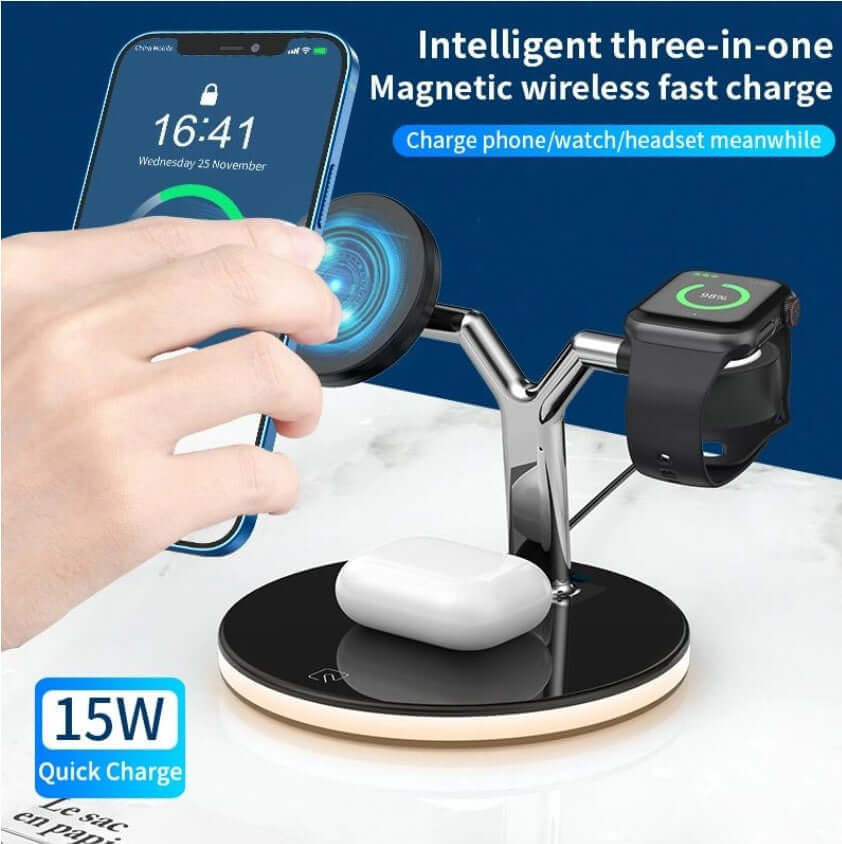 Intelligent three-in-one magnetic wireless charger charging phone, watch, and earbuds efficiently with 15W quick charge.