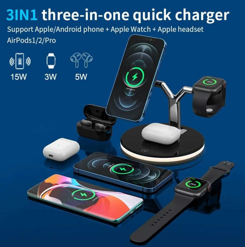 3-in-1 quick wireless charger for Apple and Android devices, charging phone, watch, and AirPods simultaneously.