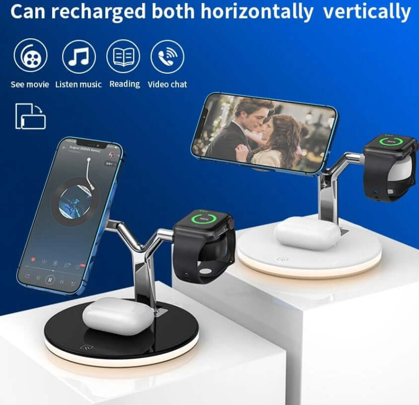 Dual wireless charger displaying horizontal and vertical phone charging with earbuds, featuring a sleek modern design.
