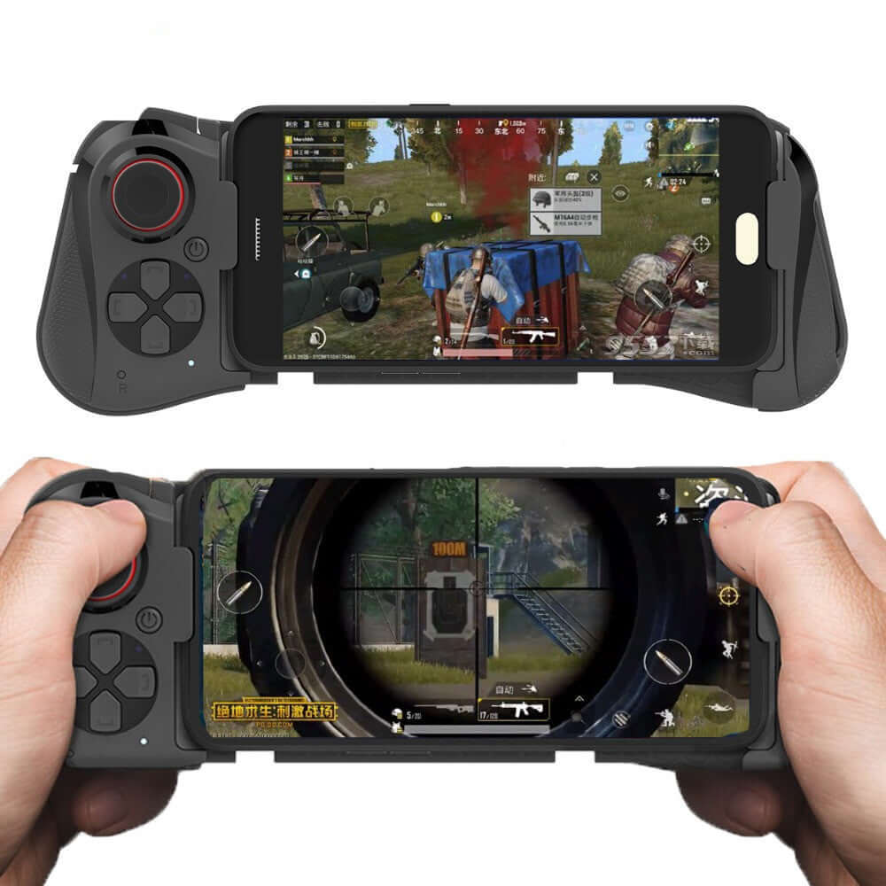 Eat Chicken PUBG gamepad displayed with a smartphone, showcasing its ergonomic design and wireless gaming features.