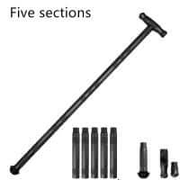 Multifunctional self-defense stick showing five sections, made of durable aluminum alloy for safety and outdoor use.