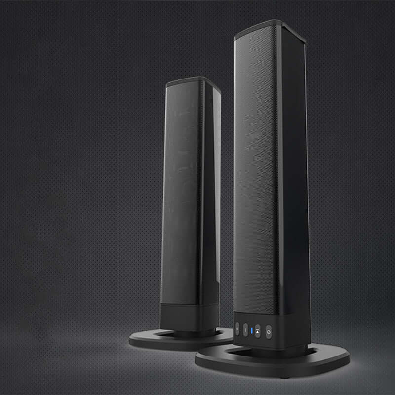 Black tower speakers with sleek design, ideal for enhancing audio performance in home setups.