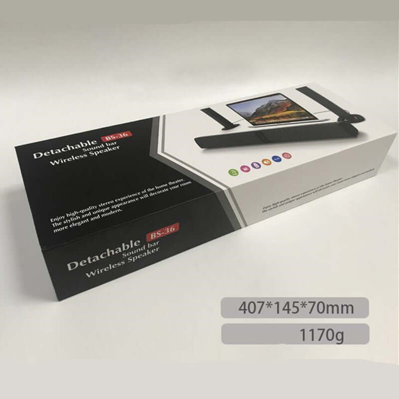 Detachable wireless speaker packaging showing dimensions and weight for enhanced audio experience.
