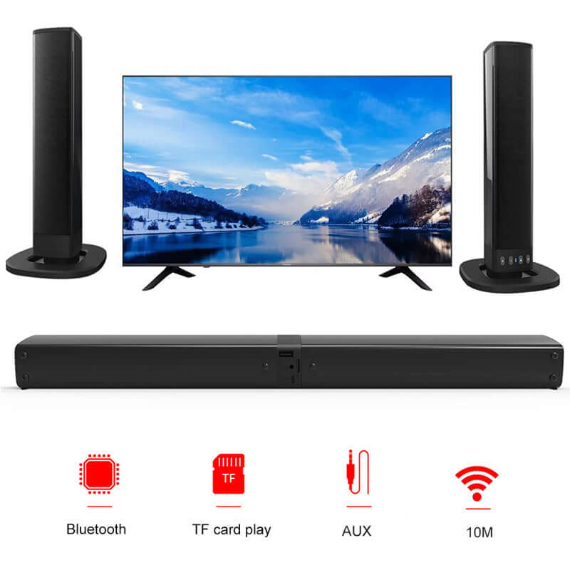 Card Combo TV Speaker Sound Blaster Bluetooth Speaker with TV and surround sound system setup.
