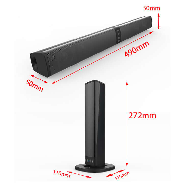 Card Combo TV Speaker Sound Blaster Bluetooth Speaker dimensions, showcasing bar speaker and tall speaker specifications.