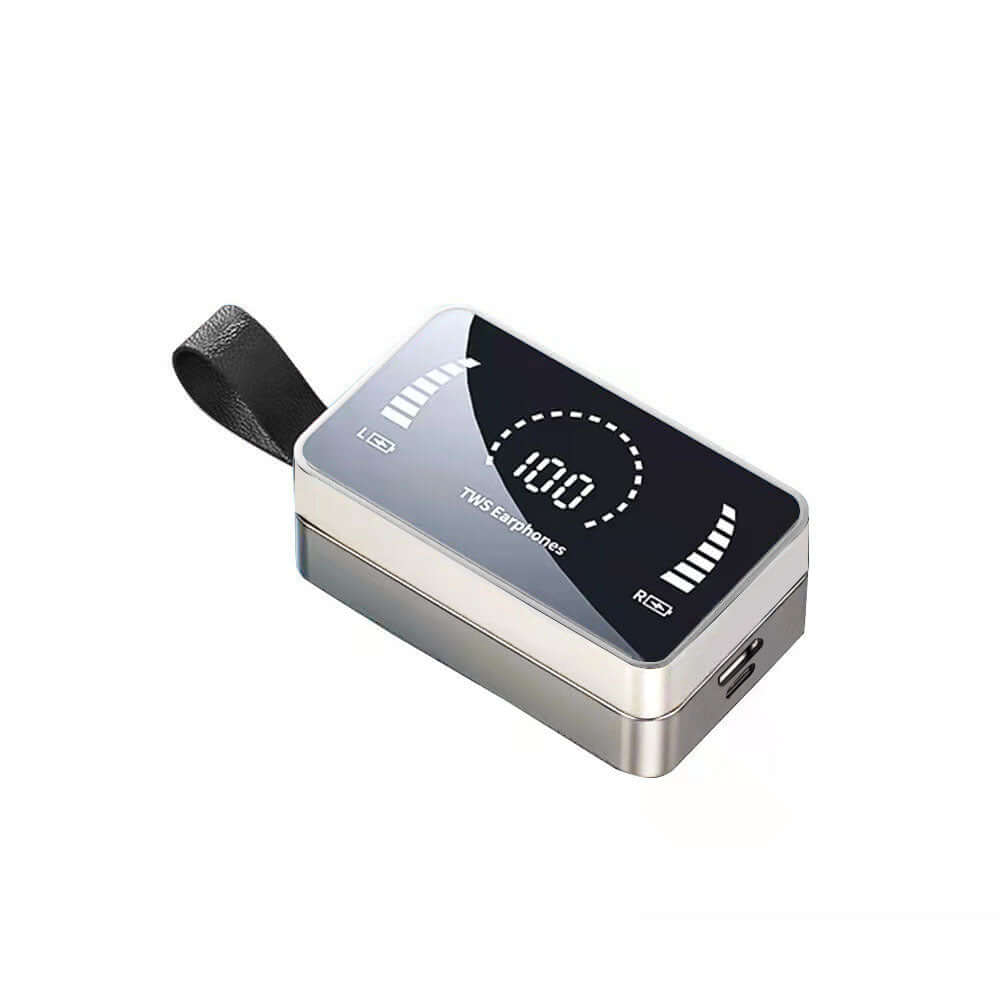 3500mAh charging case for Bluetooth earphones with LED display and USB port, compact portable design.