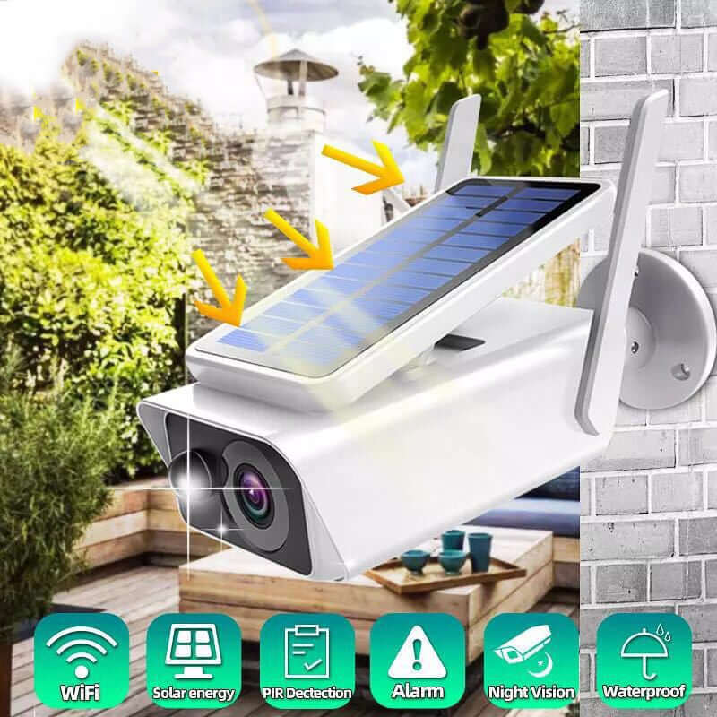 Wireless WiFi solar rechargeable battery camera with solar panel, night vision, and waterproof design for outdoor security.