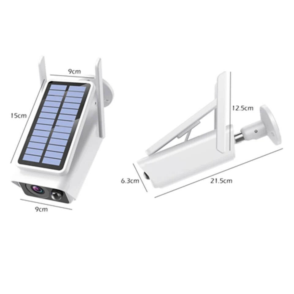 Wireless Wifi solar rechargeable battery camera with dimensions and solar panel for outdoor use.