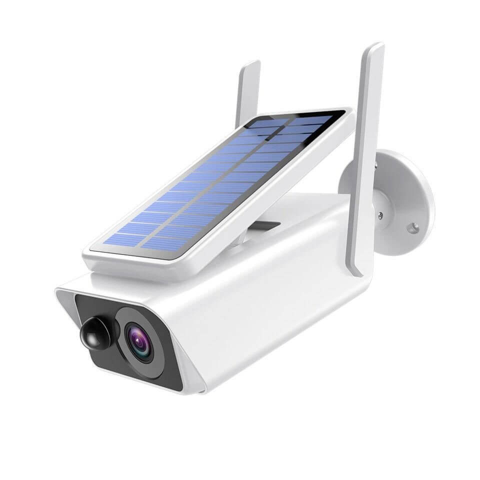 Wireless solar rechargeable battery camera with integrated design and solar panel for outdoor surveillance.