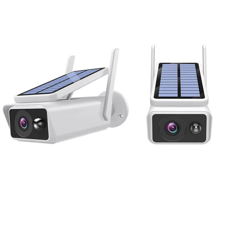 Wireless Wifi solar rechargeable battery camera with dual lenses and solar panel for outdoor security.