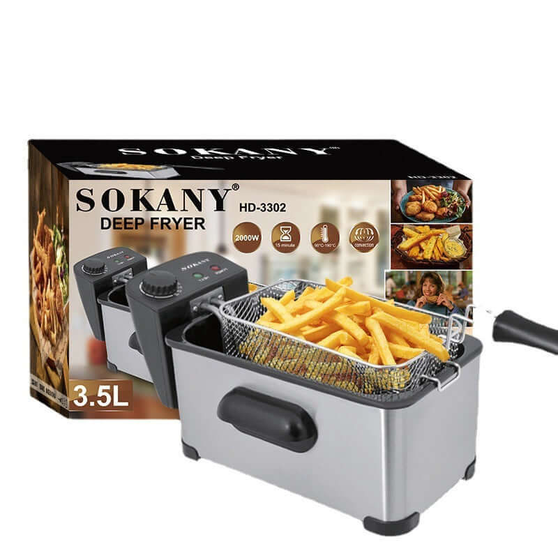 Sokany 3.5L electric fryer with fries in basket and packaging, stainless steel, temperature indicator, safe lid cover.