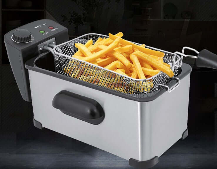3.5L electric fryer with a basket of golden French fries, stainless steel construction and temperature indicator.