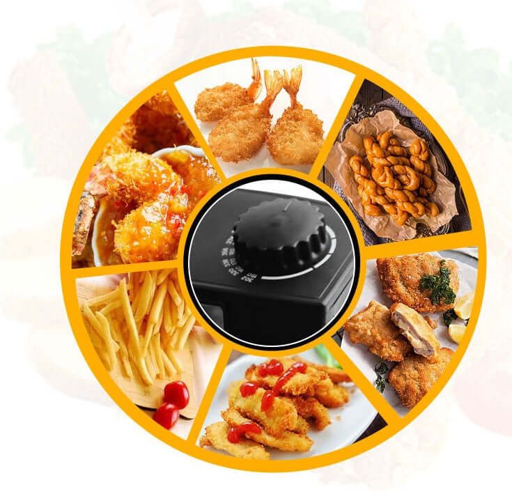 Electric fryer showcasing fried food options with control dial in center, featuring shrimp, chicken, and potatoes.
