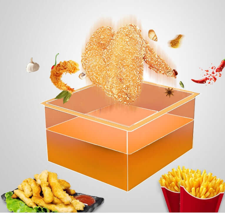 Illustration of crispy fried chicken floating above a transparent fryer with several garnishes and side dishes.