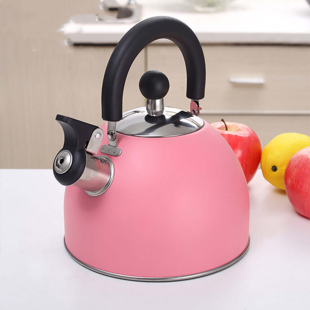 Pink stainless steel whistle kettle with anti-scald handle and 2L capacity, perfect for 1 to 3 people.