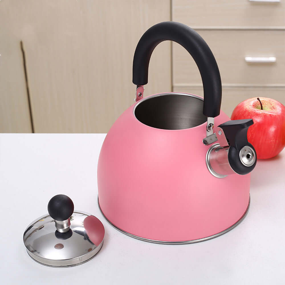 Pink stainless steel whistle kettle with anti-scald handle and lid, great for 1 to 3 people, 2L capacity.