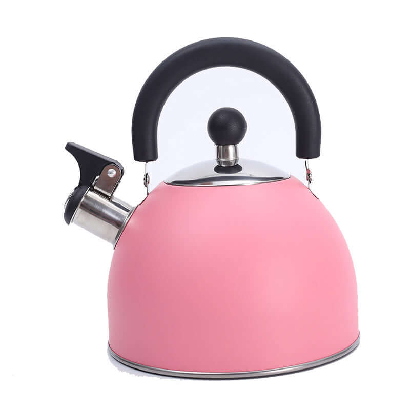 Stylish pink stainless steel whistling kettle with anti-scald handle, ideal for 1 to 3 people, 2L capacity.