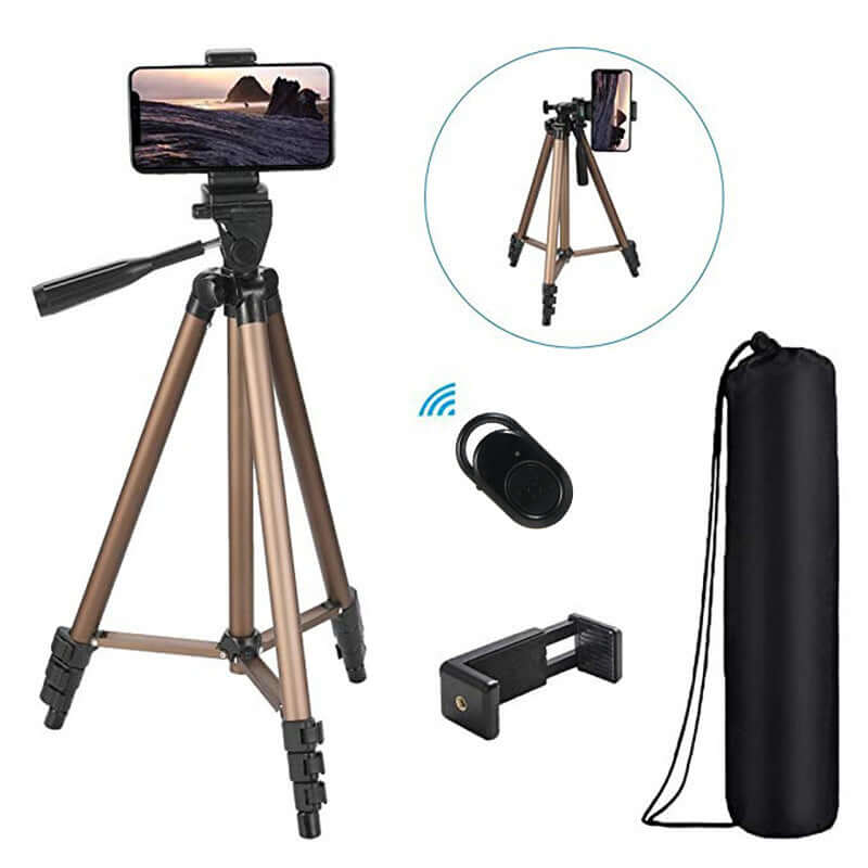 Mobile phone fishing camera bracket tripod with remote, portable design and carrying bag for easy transport.