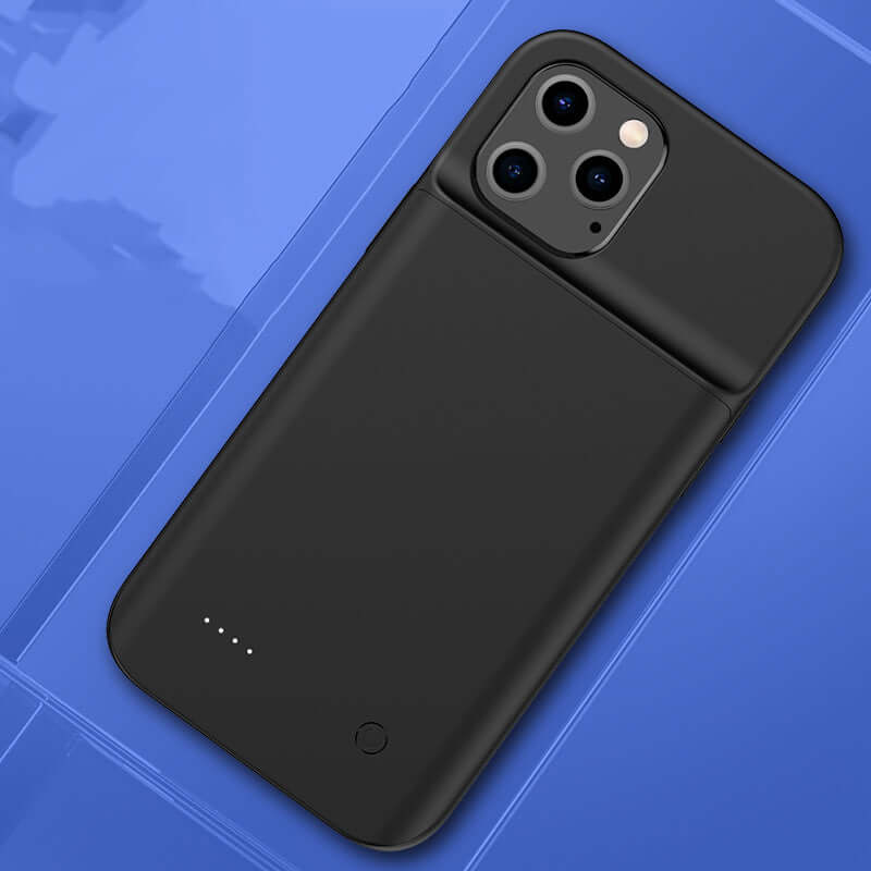 Ultra-thin soft battery power bank back clip case compatible with Apple iPhone models, sleek black design.
