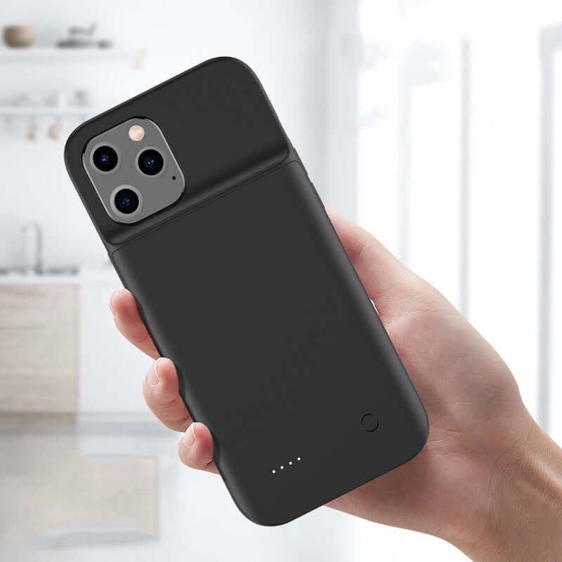 Hand holding a compatible ultra-thin soft bag back clip battery power bank for iPhone models.
